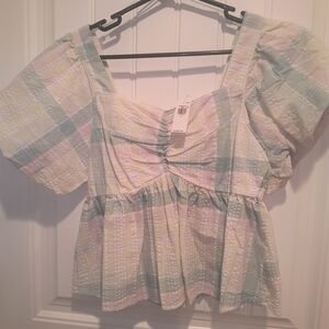 Pastel Plaid Puff Sleeve Top